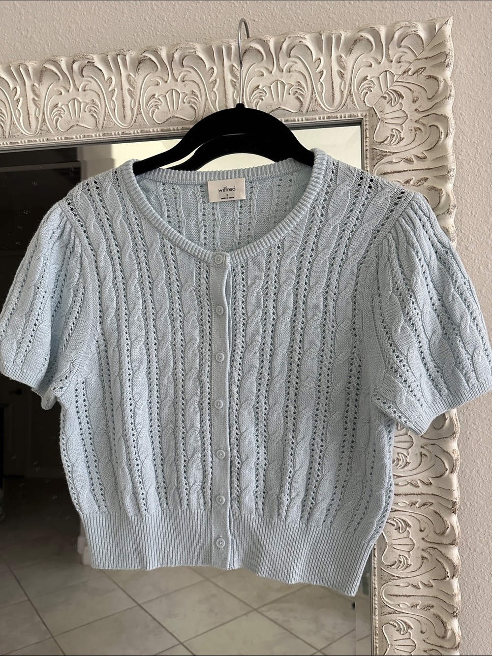 Aritzia Wilfred Fey Light Blue Short-Sleeve Cable Cardigan